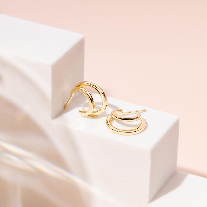 PAVOI 14K Gold Plated Multi Huggie Hoop Earrings for Women - 925 Sterling Silver Posts Triple Split Hoop Gold Earrings for Women - Trendy Fashion Jewelry