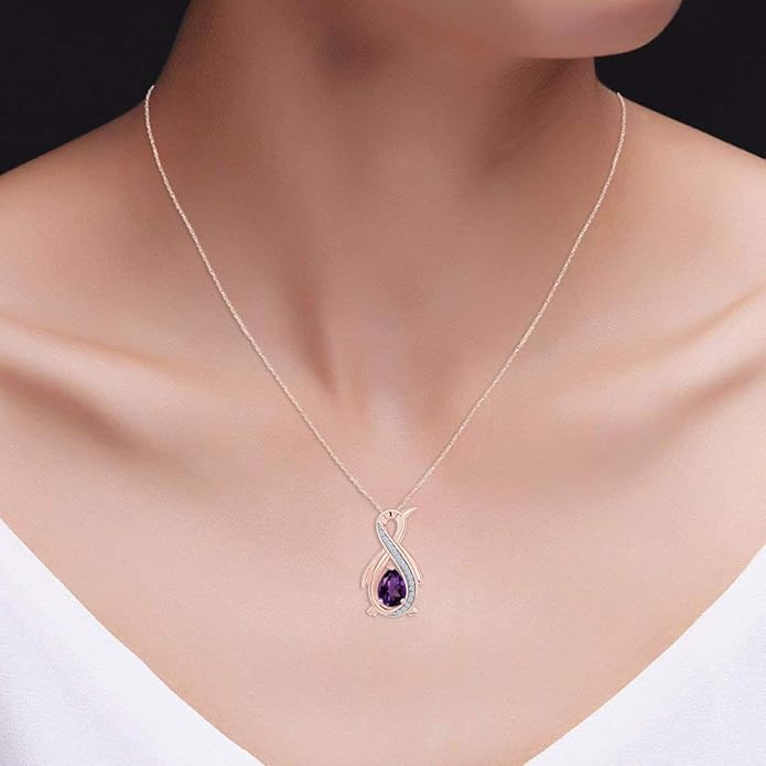 Infinity Penguin Pendant Necklace for Women, 14K Gold Over Sterling Silver with Pear & Round Cut Simulated Birthstone & White Diamond Accents, Dainty Animal Jewelry Gift with 18" Chain