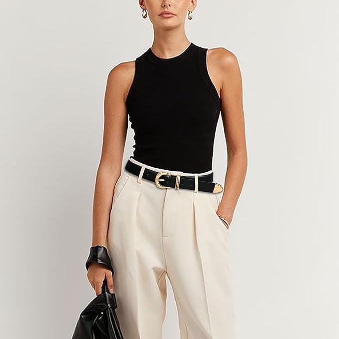 Women's Leather Belts with Gold Buckle Fashion Leather Waist Belt Elegant Ladies Belts for Jeans Dress & Casual Wear