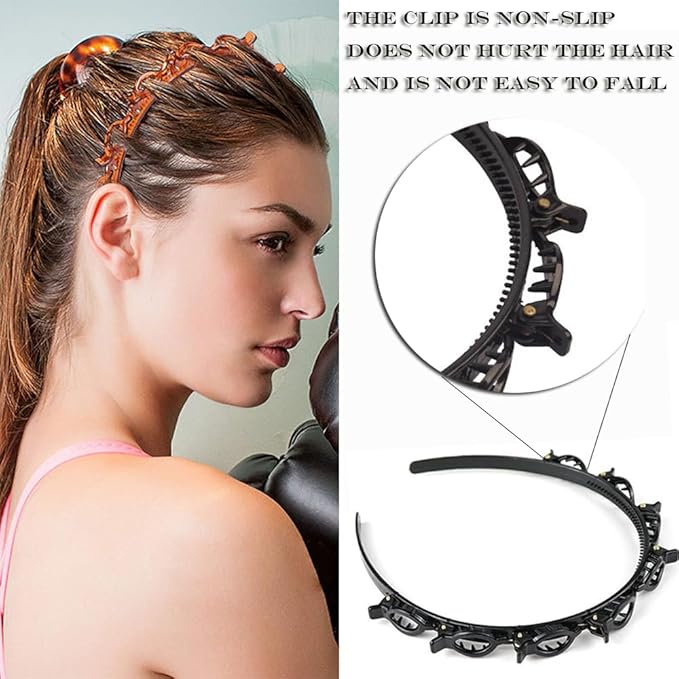 JASSINS 2 Pcs Bangs Hairstyle Hairpin Headband, Professional Weave Bangs Clip, Toothed Headband Braid Tool, Women Girls Fashion Hair Accessories (Black and Brown)