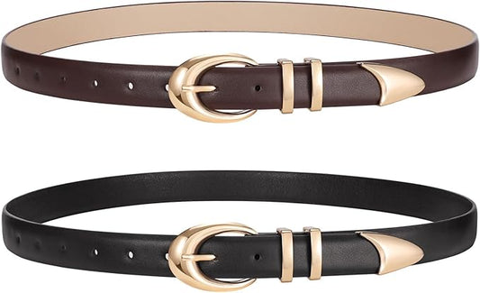 2 Pack Women Leather Belts for Jeans Dress Fashion Ladies Belt with Gold Silver Buckle