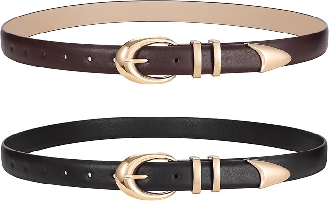 2 Pack Women Leather Belts for Jeans Dress Fashion Ladies Belt with Gold Silver Buckle