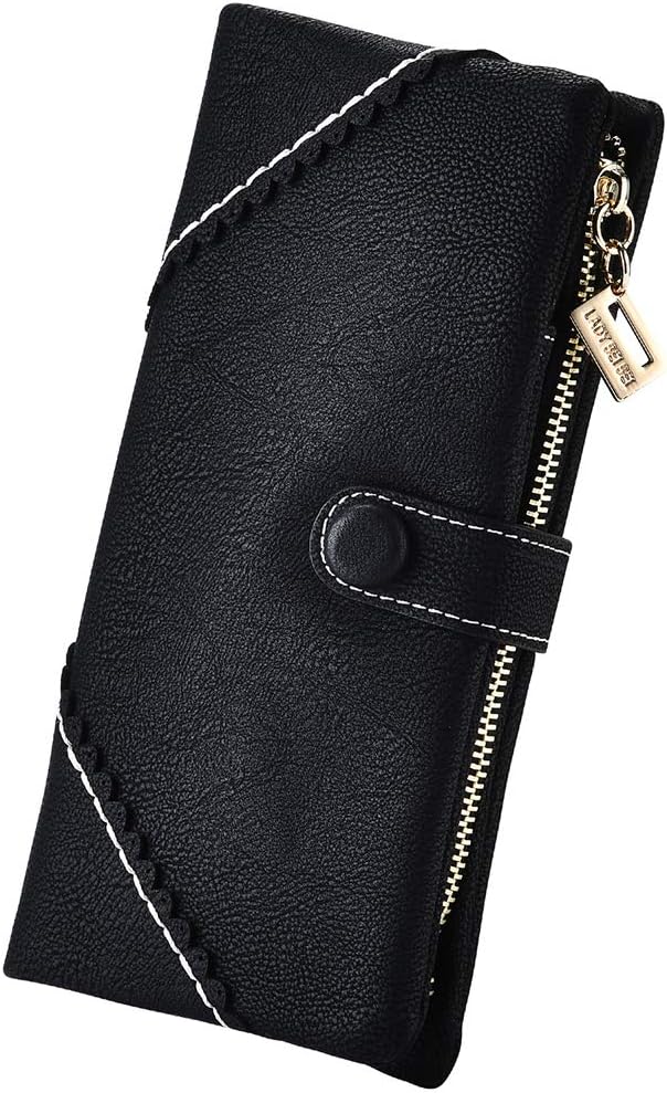 Women's Genuine Leather Bifold Clutch Wallet Large Capacity Card Organizer with Buckle Closure in Candy Colors (Black)