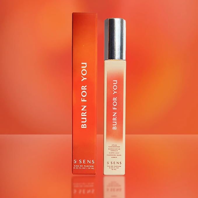 5 SENS Burn For You Eau de Parfum Travel Spray (10 mL) - Clean, Long-Lasting Fine Fragrance - Warm, Woody, Spicy with Cedarwood, Vanilla, Clove, Cashmere Musk & Amber - Vegan, Cruelty-Free