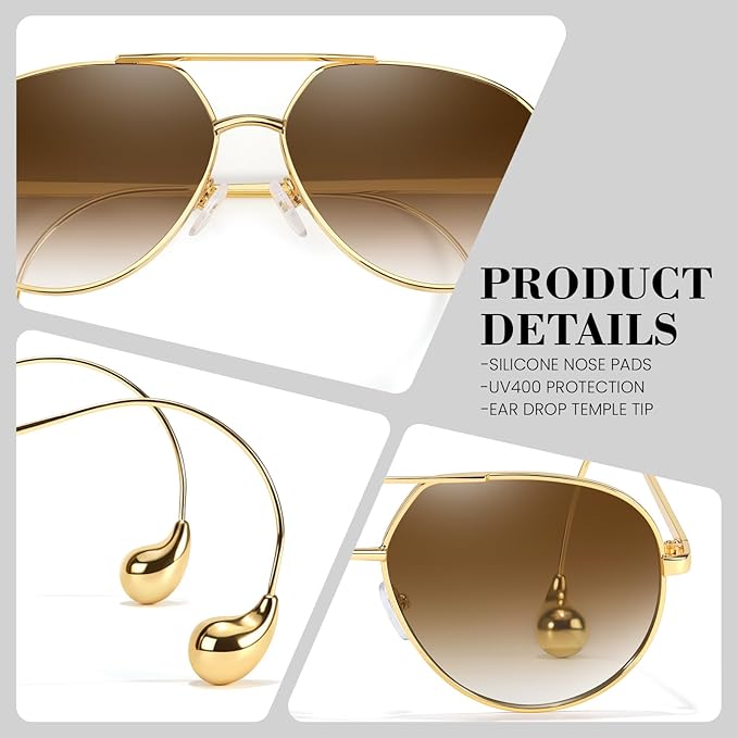 SODQW Trendy Aviator Sunglasses for Women with Earring Gold Metal Frame Fashion Sun Glasses