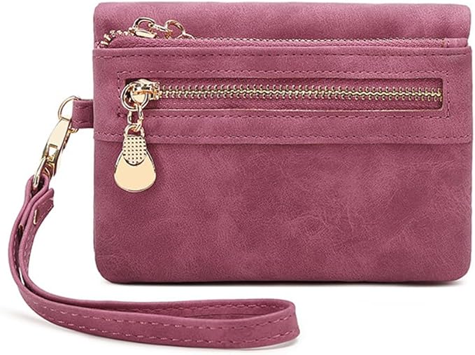 Women's Vintage Genuine Leather Handbag Wallet Dark Billfold Purse with Snap Closure for Daily Essentials (Rose Red)