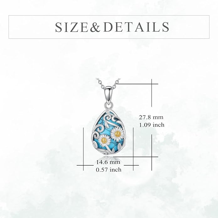 YFN Black Obsidian/Moonstone/Turquoise/Moss Agate Sunflower Filigree Teardrop Pendant Necklace Jewelry for Women - 925 Sterling Silver