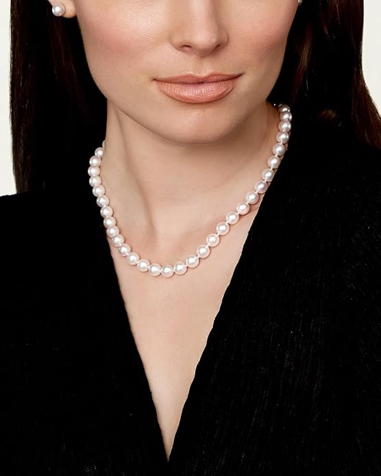 The Pearl Source 14K Gold AAA Quality Round White Freshwater Cultured Pearl Necklace for Women in 20" Matinee Length