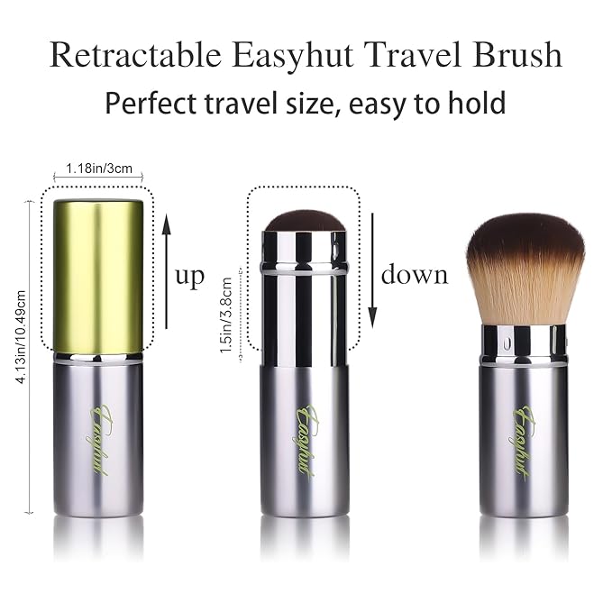 Retractable Kabuki Makeup Brushes 2 Pcs Blush Brushes Set Portable Powder Brushes with Flat and Angled Top for Liquid Cream Cosmetics Travel, large/1.18inch(Silver Green)
