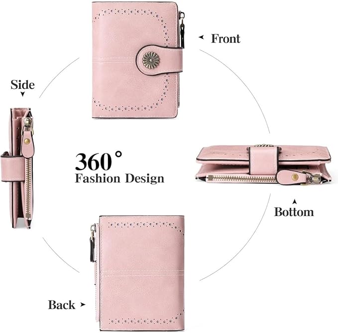 Premium Slim Genuine Leather Bifold Wallet for Women with Advanced RFID Blocking Technology and Zippered Coin Compartment (Pink)