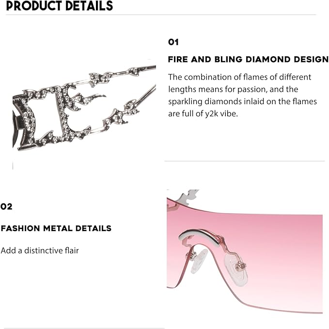 mosanana Y2K Rhinestone Flame Rectangle Sunglasses for Women with Bling Glitter MS52350