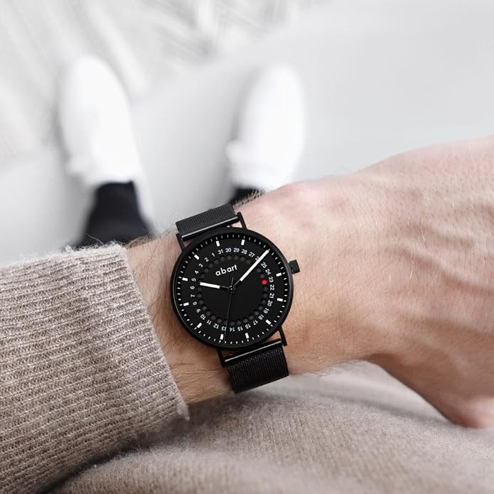 a.b.art Men's Quartz Watch, Swiss Parts Ronda Movement, Sapphire Crystal, Milanese Mesh Band, Ultra-Thin Design, 41mm Black Dial,Minimalist Bauhaus Style