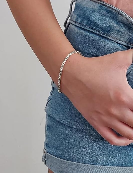 nometo 925 Sterling Silver Rope Chain Bracelet Box Chain Bracelet 2mm3mm5mm Silver/Gold Plated Bracelet for Men Women Silver Bracelet 6.5-9 Inches