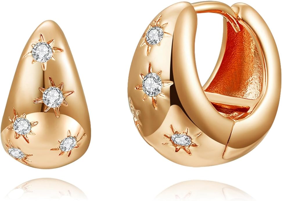 14K Gold Plated Cubic Zirconia Hoop Earrings,Three Row Diamon | Arrows | Double Row of Diamonds Huggie Earrings for Women