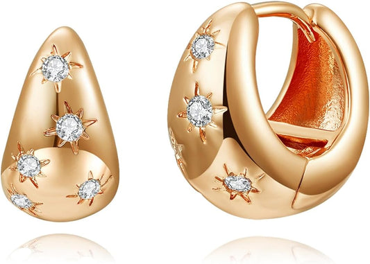 14K Gold Plated Cubic Zirconia Hoop Earrings,Three Row Diamon | Arrows | Double Row of Diamonds Huggie Earrings for Women