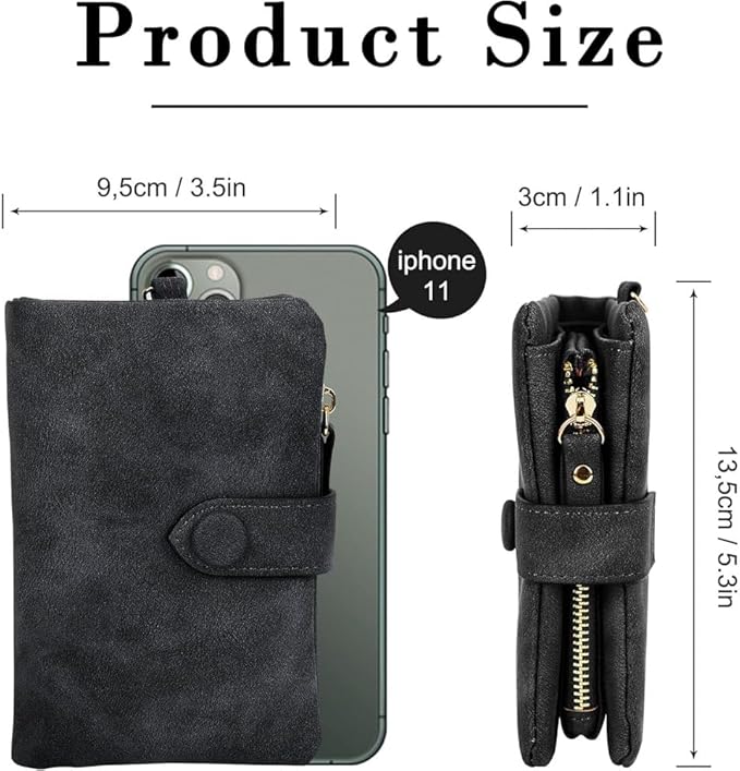 Women's Leather Wristlet Wallet, Bifold RFID Purse with ID Window, Zipper Coin Pocket for Daily Essentials (Black)