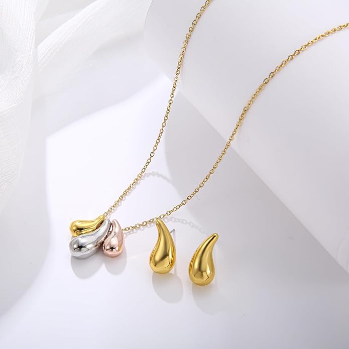 Dainty Geometric Jewelry Set for Women - Stainless Steel Necklace & Earrings Minimalist Matching Set
