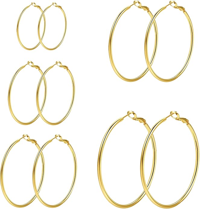 4/5/6 Pairs Stainless Steel 30/40/50/60/70 mm Silver 14K Gold Hoop Earrings for Women Hypoallergenic Big Thin Lightweight Dangle Set