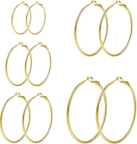 4/5/6 Pairs Stainless Steel 30/40/50/60/70 mm Silver 14K Gold Hoop Earrings for Women Hypoallergenic Big Thin Lightweight Dangle Set