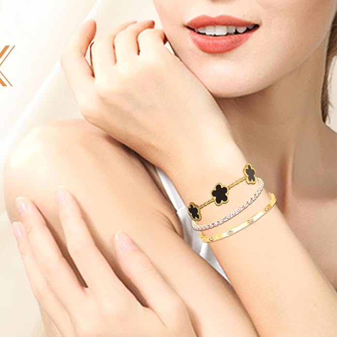 Gold Bracelets for Women-4Pcs/3Pcs,18K Gold Plated Bangle Tennis Bracelets Stack Set for Women Trendy Non Tarnish Stainless Steel Gold Bangles Accessories Designer Jewelry