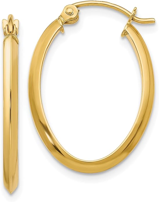 14K Yellow Gold Hoop Earrings Medium Oval 2mm Wide Polished Snap Back For Women Everyday Gift Luxury Jewelry