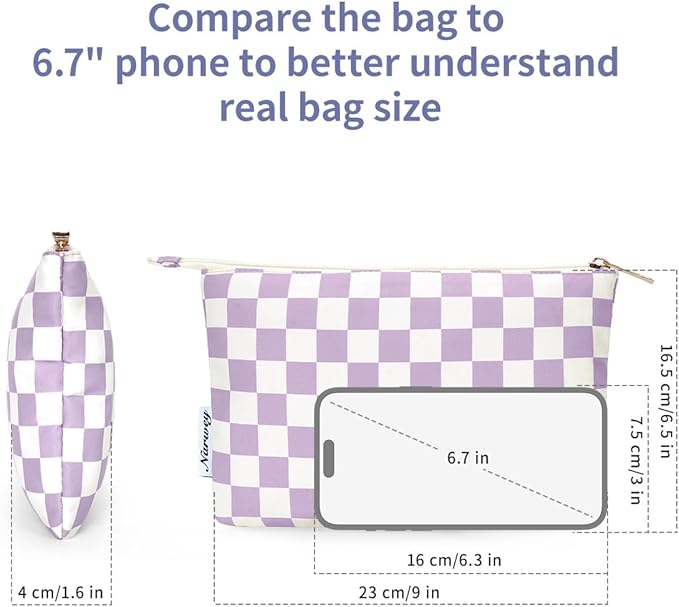 Narwey Small Checkered Makeup Bag for Purse Small Cosmetic Bag Women Travel Makeup Pouch Zipper Pouch (Purple Checkerboard)