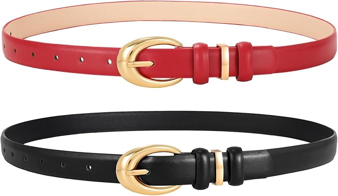 2 Pack Women Leather Belts for Jeans Dress Fashion Ladies Belt with Gold Silver Buckle
