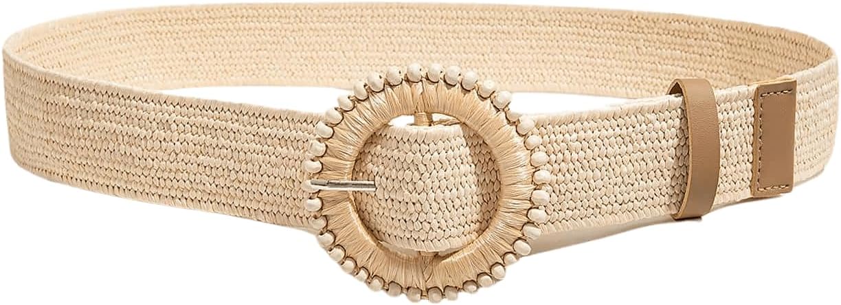 Verdusa Women's Western Belt Cowgirl Boho Straw Belts Round Buckle Elastic Waist Belt