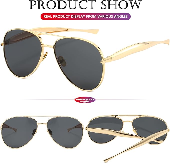 AIEYEZO Gold Aviator Sunglasses for Women Men Oversized Thick Frame Sun Glasses Fashion Retro Sardine Pilot Shades