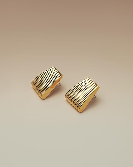 18K gold plated Chunky Statement Earrings for Women by SNGIA, Small Handmade Trendy Stud Ribbed Jewelry Gifts, Rectangle Huggies Fashion Button Accessories, Vintage Thick Square Nickle Free Huggie Earring.