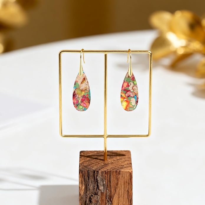 Emperor Stone Dangle Earrings for Women - Natural Healing Crystal Earrings with Gold Fishhooks in Soothing Colors, Unique Personalized Valentine‘s Day Gift Set for Her