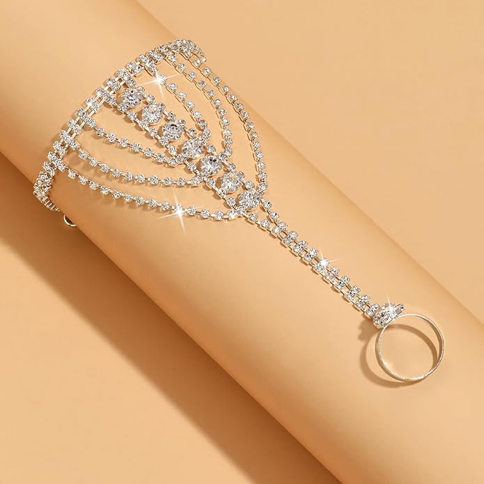 Sparkly Rhinestone Hand Chains Finger Ring Bracelets Silver Crystal Flower Chain Ring Bracelet Boho Hand Harness Chain Bracelet Wedding Party Prom Christmas Fashion Jewelry Accessories for Women