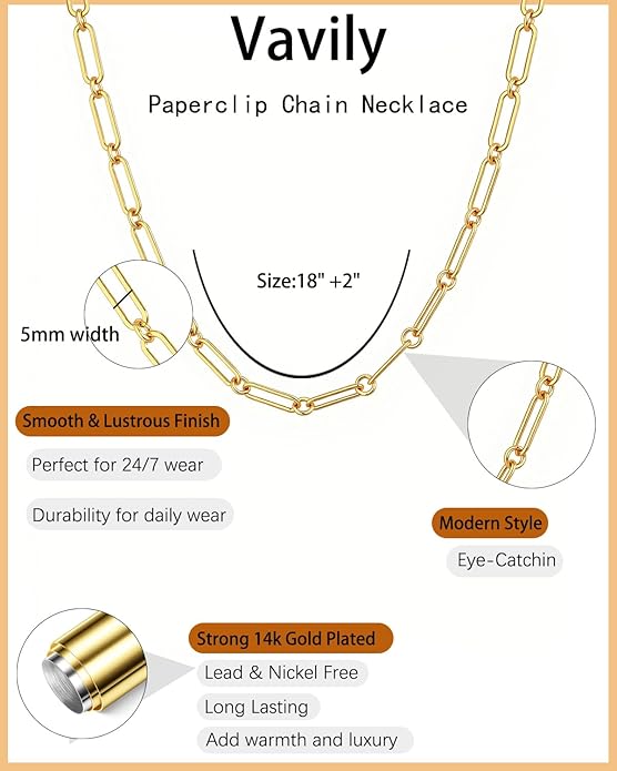 Link Gold Chain 14K Gold Plated Trendy Rope Paperclip Thick Chain Necklace Minimalist Layered Gold Chain Choker Necklaces for Women