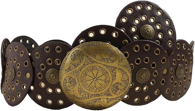 Hollow Wide Disc Belt for Women Concho Leather Metal Buckle Boho Belt Cowgirl Vintage Western Chunky Waist Belts