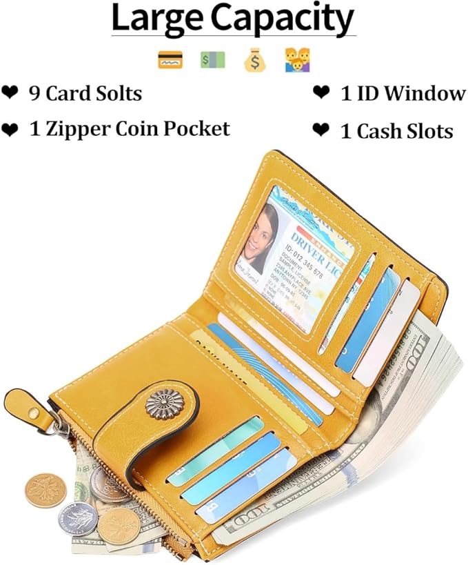 Premium Slim Genuine Leather Bifold Wallet for Women with Advanced RFID Blocking Technology and Zippered Coin Compartment (Yellow)