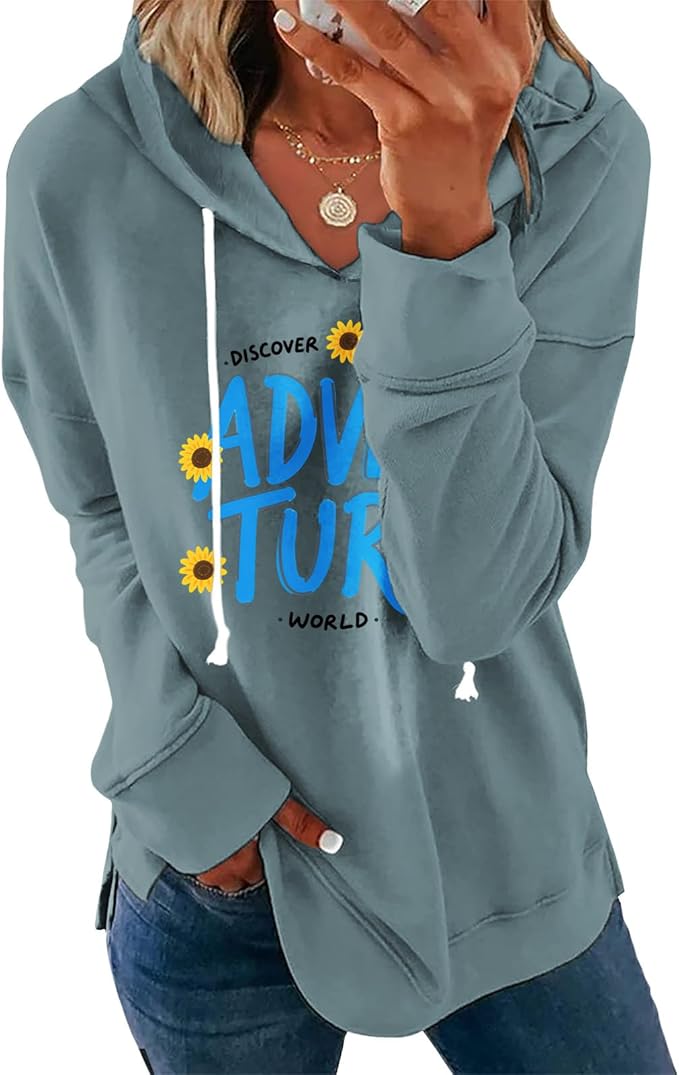 Womens Casual Loose Fit Pullover Sweatshirt with Artistic Print Drawstring Hood Long Sleeve Cotton Blend for Fall
