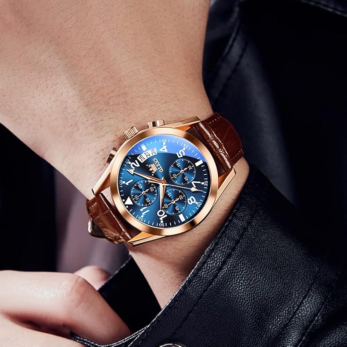 OLEVS Men's Watches Brown Leather with Date,Casual Watches for Men,Large Face Watches Men,Chronograph Mens Watch,Sport Waterproof Business Dress Analog Quartz Men's Wrist Watches Reloj De Hombre