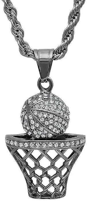 Basketball Necklace - 18K Plated Basketball Chain with Hoop for Men, Women, Teens - Gold, Silver & Black Color Options - Stainless Steel Sports Pendant with Simulated Diamond CZ Stones