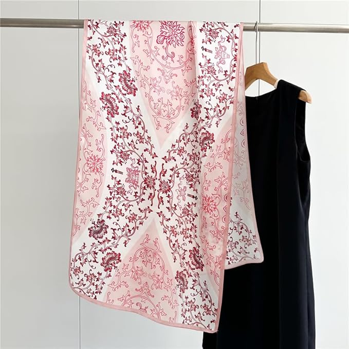 100% Mulberry Silk Scarfs for Women Floral Print Satin Long Scarf for Headscarf Hair Wraps Shawl with Gift Packed