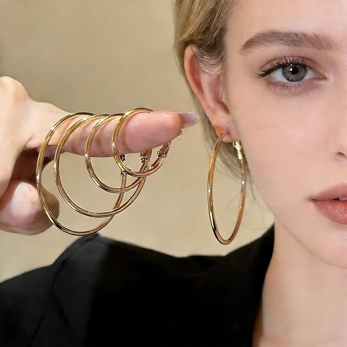 4/5/6 Pairs Stainless Steel 30/40/50/60/70 mm Silver 14K Gold Hoop Earrings for Women Hypoallergenic Big Thin Lightweight Dangle Set