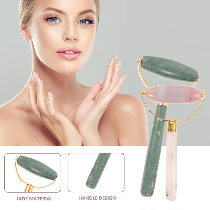 FUOYLOO 2Pcs Jade Facial Massage Roller and Scraper for Skin Care Face Massage Tool to Reduce Puffiness Wrinkles and Promote Relaxation