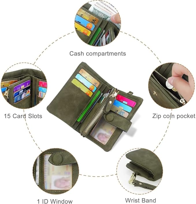 Women's Leather Wristlet Wallet, Bifold RFID Purse with ID Window, Zipper Coin Pocket for Daily Essentials (Olive green)
