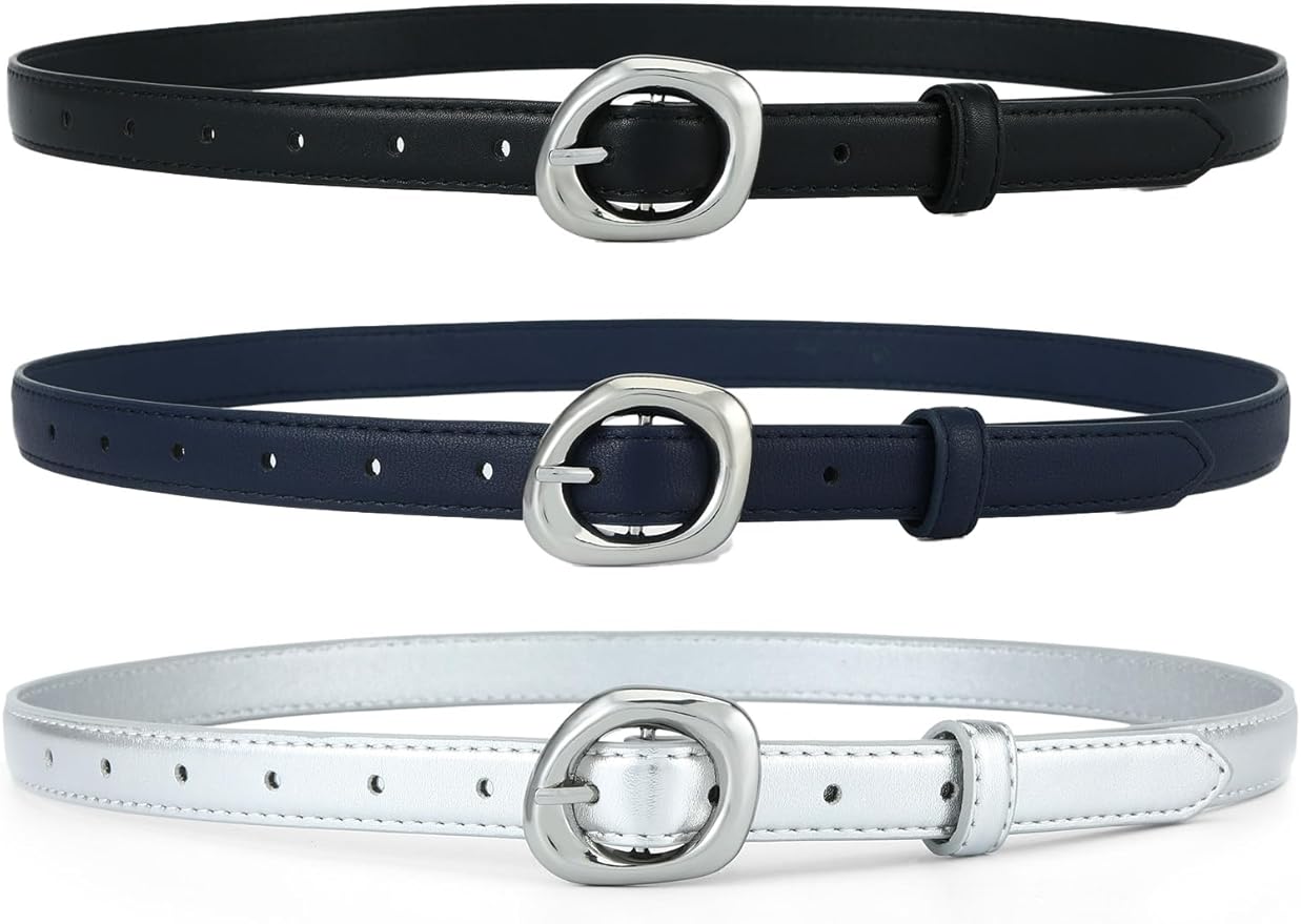 Thin Belt for Women Jeans Faux Leather Ladies Skinny Waist Belts for Dresses Pants with Trendy Gold/Silver Buckle