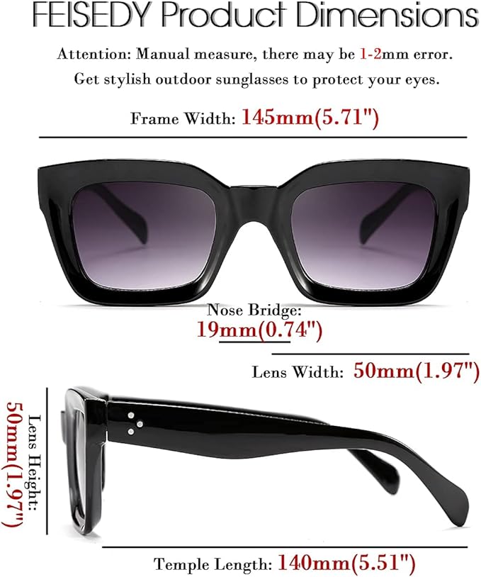 FEISEDY Classic Women Sunglasses Fashion Thick Square Sun Glasses Chunky Frame UV400 B2471