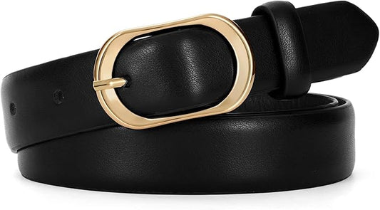 SANSTHS Women Belt for Jeans with Gold Oval Buckle, Thin Belt for Dresses Pants, Adjustable Waist Belt for Daily Fashion
