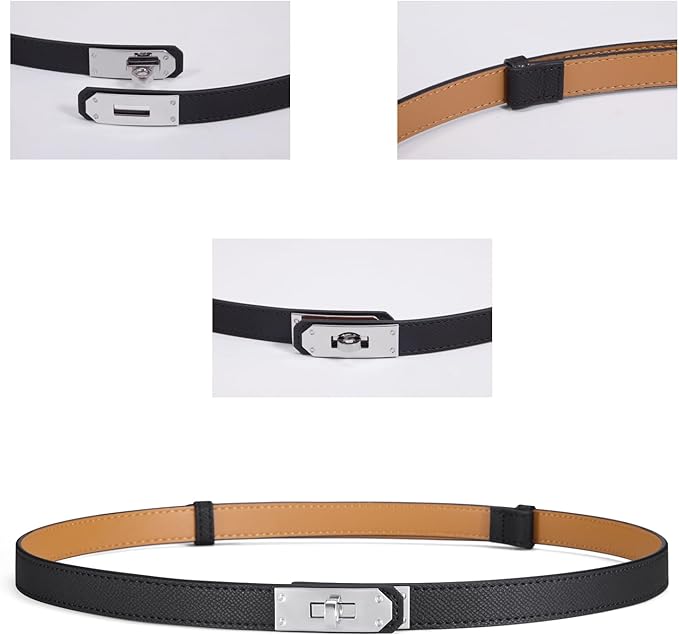 Skinny Leather Belts for Women with Adjustable Silver Turn-Lock Buckle for Dresses Jeans and Pants