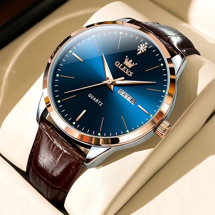 OLEVS Mens Watches Vintage Leather Band Dress Classic Easy Reader Arabic Numerals Analog Quartz Waterproof Date and Day Blue/Black/White Large Face Men's Wrist Watches