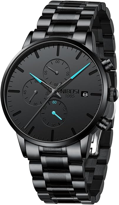 NIBOSI Men's Watches Analog Minimalist Black Dial Watches for Men Business Chronograph Military Casual Wrist Watches Stainless Steel Strap Date
