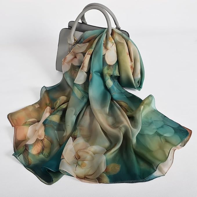 100% Mulberry Silk Women's Neck Silk Scarf-Lightweight Shawl,FLoral Print Beach Silk Wrap-Scarves for Photography