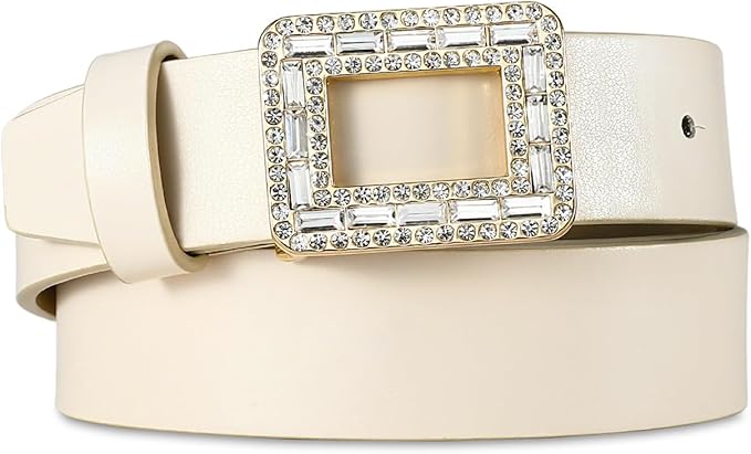 Womens White Belts with Gold Buckle Leather Belts for Women Ladies Fashion Waist Belt
